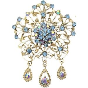 Vintage LRG Silver Plated Blue Aurora Borealis Crystal Rhinestone Flower Brooch